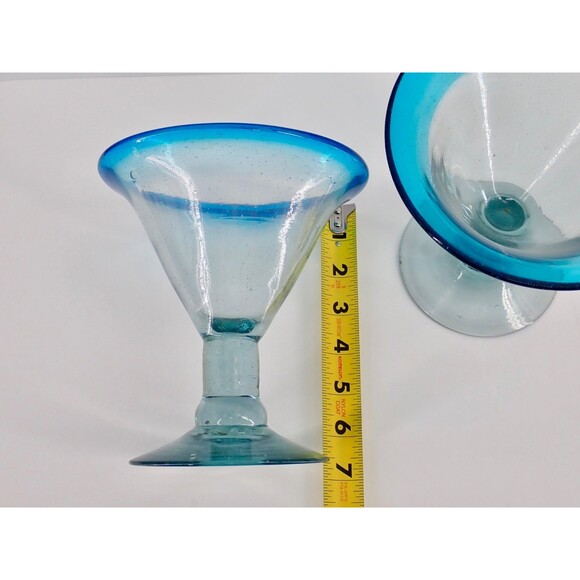 Aqua Rim Thick Hand Blown Margarita Martini Glasses Set of 2 Mint Condition 7" - Picture 4 of 8
